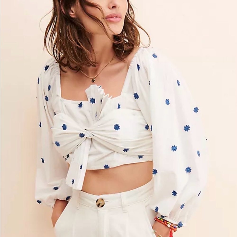 FARM Rio White Crop Top with Blue Floral Embroidery